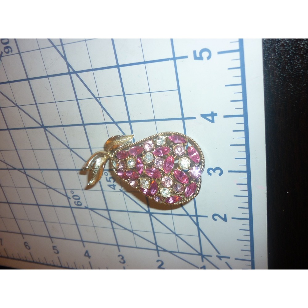 Vintage Coro Signed Pink Rhinestone Pear Brooch Fruit Pin Gold Tone Marquise - Picture 5 of 8